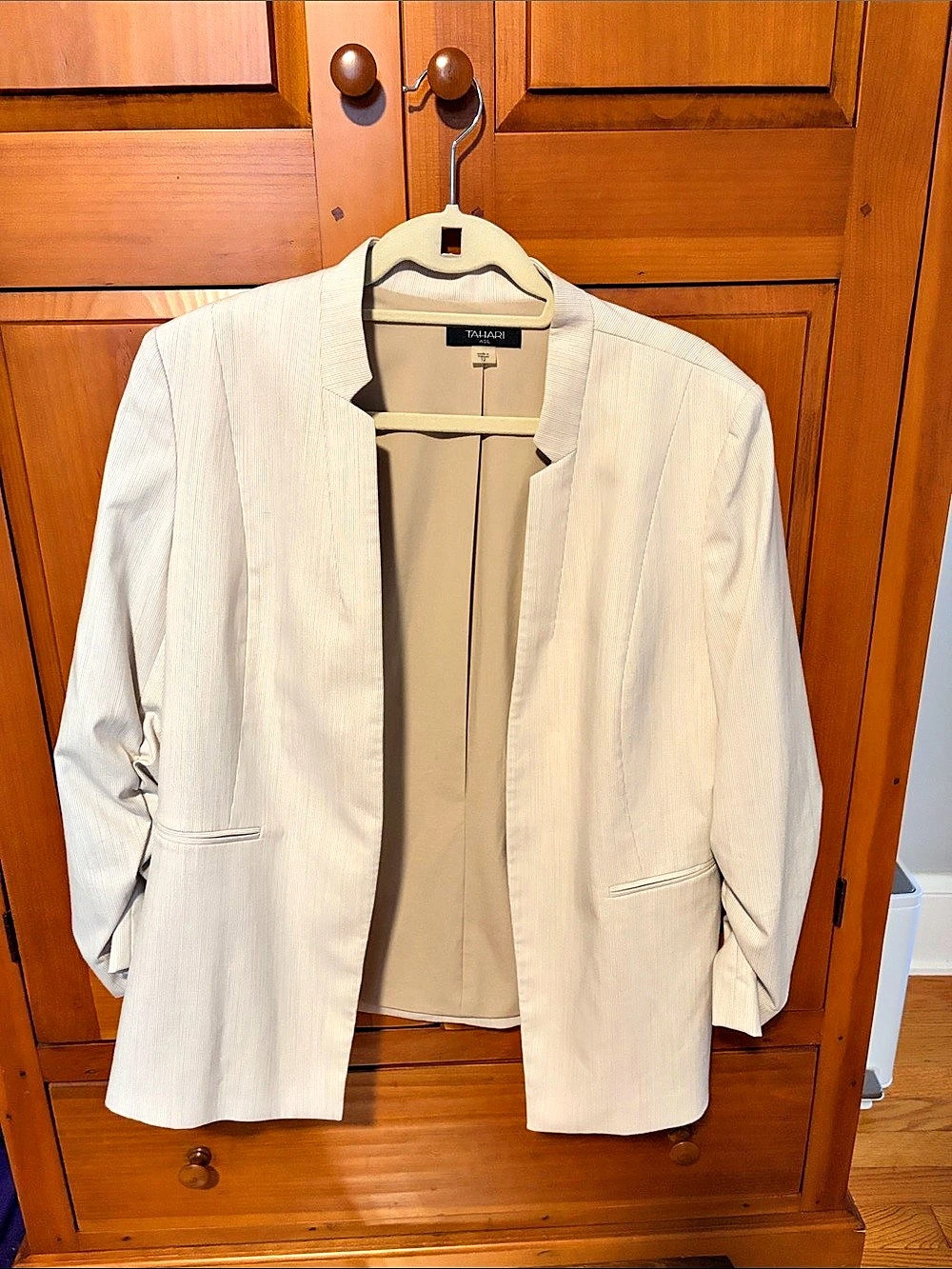 Tahari Pinstripe Blazer in White and Beige